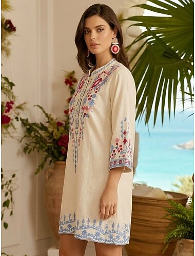 caftán de algodón bordado para mujer, minivestido, vestido recto, vestidos de trabajo, elegantes, de vacaciones, formales, de corte holgado, estampado floral, manga tres cuartos, cuello redondo,