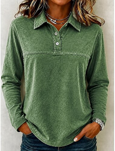  Mujer Henley Shirt Color sólido Vintage Moda Elegante Manga Larga Cuello Camisero Tops regulares Casual Playa Azul Piscina Morado Verde Trébol Verano Primavera