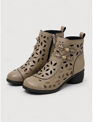  Bottines kaki ajourées pour femme, bottines à talon bas en cuir microbien ajouré à motif floral, fermeture éclair latérale et bouton, idéales pour les voyages et les promenades à la campagne.