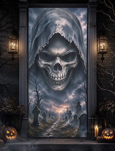  halloween ajtóborító kaszás koponya ajtó banner kísértetjárta temető gótikus bejárati ajtó háttér veranda bejárat kísértetjárta házibuli dekoráció
