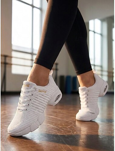 Baskets de danse blanches à lacets pour femmes, chaussures de jazz légères avec semelle à coussin d'air, tige en maille respirante pour la zumba, les danses de salon, les danses latines et le fitness.