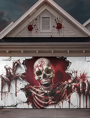  halloween garázsajtó borító 3d illúzió csontváz nagy kültéri halloween háttér dekorációk ház banner udvar veranda ünnep party dekoráció