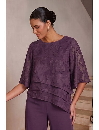  Dames Blouses Strakke ronde hals Halve mouw Flutter mouw Casual / Dagelijks Moeder van de bruid Bruiloft gast met Burnout Bloemen Gelaagde ruches aan de zoom Pruim