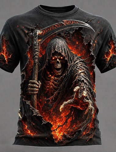  男性用 スカル Tシャツ 半袖 Tシャツ 3Dプリント クルーネック シャツ 暗い カジュアル 日常 ストリート ブルー ブラック グレー 夏 春 衣類 S M L XL 2XL 3XL