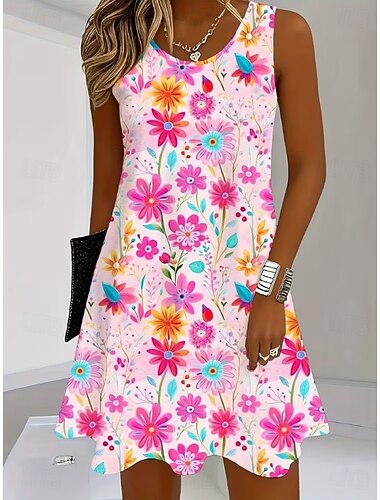  Per donna Mini Abito Vestito Estivo Abito a trapezio Abito Estivo Vacanza Casual Boho Spiaggia Feste Matrimonio Vestibilità regolare Floreale Grafico Senza Maniche Girocollo Scollo a V Blu Bianco