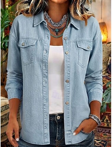  Dames Overhemd Blouse Knop Denim Effen Kleur Elegant Vakantie Casual Lange mouw Overhemdkraag Normale tops Casual Hemelsblauw Lente
