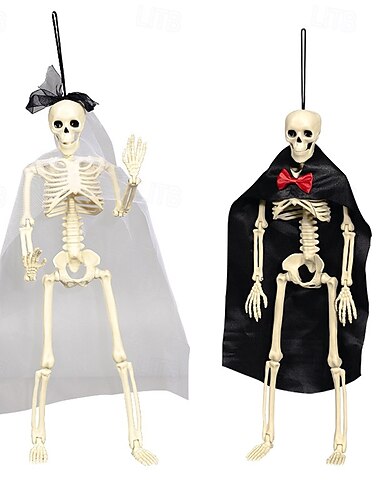  Lot de 2 décorations squelettes à suspendre pour Halloween, mariée &Accessoires de squelette de vampire avec voile et cape, décorations de squelettes à suspendre effrayantes pour cour, jardin, maison