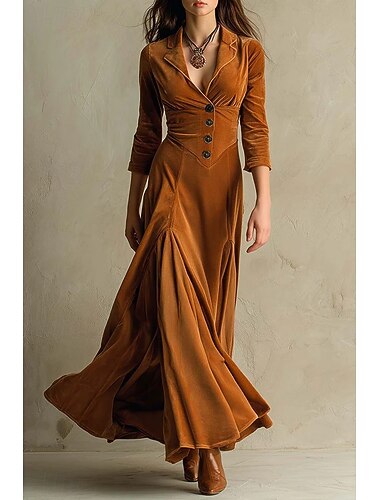 Abito lungo vintage da donna in velluto - elegante abito a maniche lunghe con bottoni sul davanti per l'autunno