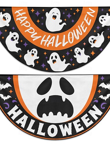  Halloween halvrunde flaggstativer sett med 2 søte spøkelser glad halloween gigantiske spøkelsesansikt utendørs veranda rekkverk gjerde barnefestdekorasjoner