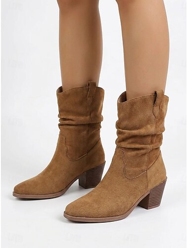  Dameslaarzen met dikke hak in camelkleur van imitatie suède - casual halfhoge cowboylaarzen met blokhak voor de herfst, winter en op reis. &alledaagse kleding
