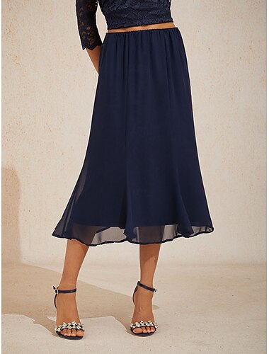  Damen Chiffonrock Elegant Midi Mittlere Taille Röcke Elastischer Bund Mikroelastisch Täglich Cocktailparty Marineblau Sommer