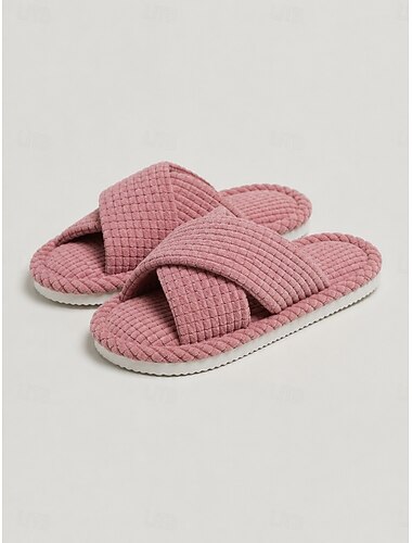  Rosa Damen-Hausschuhe mit Waffelmuster und gekreuzten Riemen – weiche, bequeme Hausschuhe mit offener Zehenpartie für Zuhause und Schlafzimmer &Spa