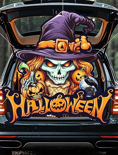  knask eller knep bilbagasjerom flagg viftebanner halloween baklukedekorasjon hodeskalle heks hjemsøkt kirkegård skrekk natt utendørs festdekor