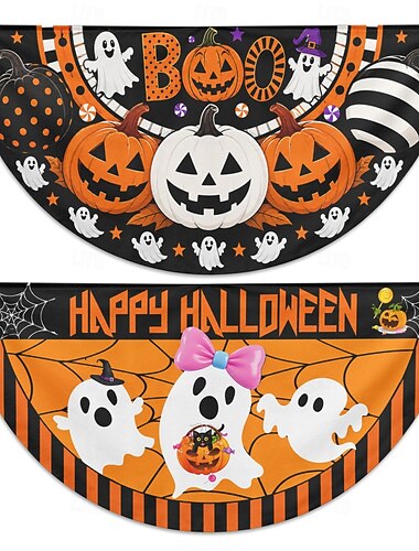  Halloween halvrunde flaggstativer sett med 2 søte spøkelsesgresskar-buh glad halloween utendørs veranda-rekkverk gjerde barnefestdekorasjoner