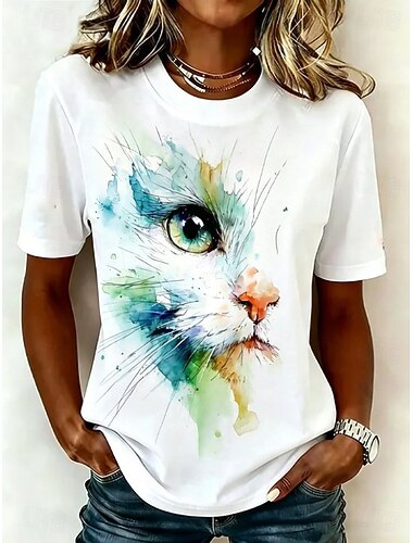  Dames T-shirt Afdrukken Grafisch dier Kat Vintage Stijlvol Klassiek Korte mouw Strakke ronde hals Normale tops Casual Dagelijks Wit Lichtgroen Zomer Lente