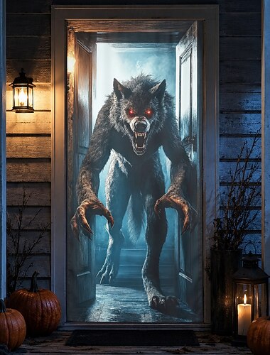  Cubierta de puerta de Halloween, pancarta de puerta de hombre lobo, monstruo lobo aterrador, ilusión 3D, fondo de puerta principal, porche, entrada, decoración de fiesta de casa embrujada
