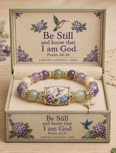  Braccialetto con colibrì e giardino, edizione limitata 2026, braccialetto cristiano ispiratore con perline e colibrì &Ciondolo floreale, versetto biblico del Salmo 46:10, regalo per donne, gioiello