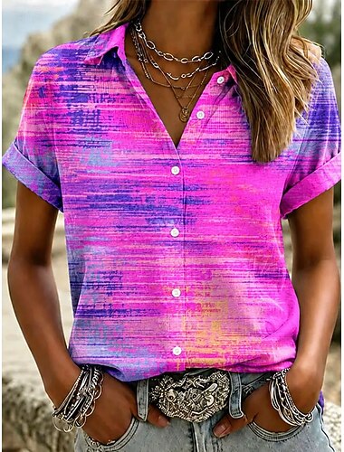  Dame Skjorte Knapper Trykt mønster Grafisk Abstrakt Årgang Daglig Stilfull Kortermet Skjortekrage Crop Tops Avslappet Daglig Blå Fuksia Grønn Sommer Vår