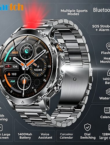 Relógio inteligente robusto estilo militar para homens (atender/fazer chamadas), bateria de 1400mAh, tela HD de 1,7" com lanterna LED (SOS), à prova d'água IP68, rastreador de saúde e fitness para