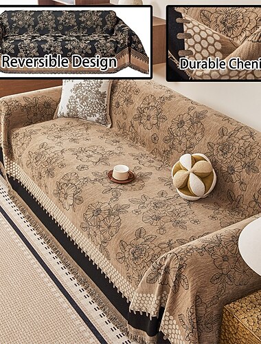  Wendbarer Sofabezug aus karamellfarbenem Chenille mit Blumenmuster, dicke, doppelseitige Sofadecke mit Quasten, maschinenwaschbar, haustierfreundlicher Möbelschutz für das Wohnzimmer