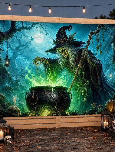  Tło z gobelinu na Halloween, straszny kocioł czarownicy, zielona magia, nawiedzony las, wisząca na ścianę na imprezę halloweenową, fotobudka, dekoracja ganku wewnątrz i na zewnątrz