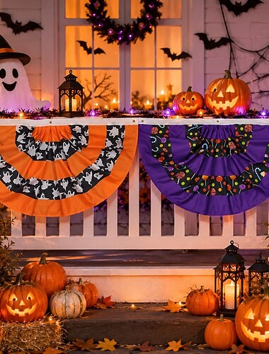  Halloween-flaggpynt plissert vifteflagg utendørs veranda hagedekorasjon gresskar spøkelse godteri halloween-fest hengende banner 1,5x3 fot/3x6 fot oransje lilla veranda inngangsdør hagedekor 3 stk/6