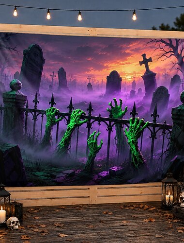  Tapiz de Halloween, fondo de manos de zombi, cementerio, atardecer púrpura, terror, cementerio, para colgar en la pared, para fiesta de Halloween, fotomatón, decoración de interior y exterior, porche