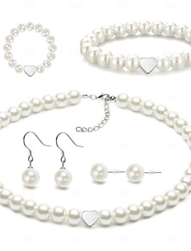  Sieradenset 4 Imitatieparel Ringen 1 Armband Oorbellen Kettingen Dames Modieus Klassiek Rond Sieraden set Voor Feest