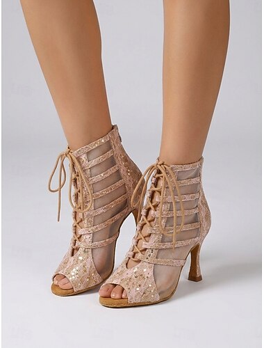  Bottines de danse latine roses à sequins pour femmes - élégantes bottines à bout ouvert fleuries, à lacets, à talons aiguilles et semelle en daim, idéales pour la bachata, le tango et la compétition.