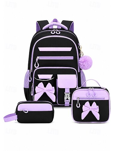  3-delige rugzakset voor meisjes met strik, lichtgewicht polyester schooltas in diverse kleuren inclusief lunchtas &Pennenetui, ruime schooltas met meerdere vakken en bagageriem voor de