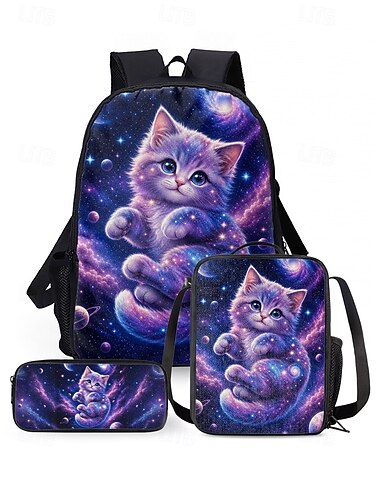  Set di zainetto da bambina con simpatico gatto galattico, borsa scolastica leggera in poliestere con borsa per il pranzo &Astuccio, set da 4 pezzi con numerose tasche e grande capacità per la scuola