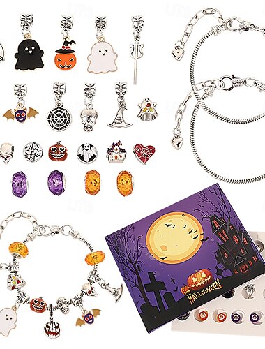  Calendario dell'Avvento di Halloween, braccialetto con ciondoli a tema Halloween, kit fai da te per la creazione di gioielli di 24 giorni con 20 ciondoli e 3 braccialetti regolabili, regalo per il