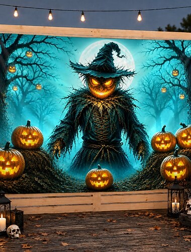  Tapiz de espantapájaros de calabaza para Halloween, calabaza de Halloween, sombrero de bruja, fondo para exteriores, pared para colgar en el patio, jardín, porche, cerca, decoración para fiestas de
