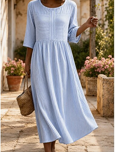  Per donna Abito Midi Vestito Estivo Vestito Casual Vacanza Casual Spiaggia Spiaggia Ferie Vestibilità regolare Grafico A righe Manica 3/4 Girocollo Blu Rosa Grigio Estate Primavera