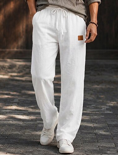  Herren Leinenhosen Hose Sommerhose Baggy-Hosen Strandhose Kordelzug Elastischer Bund Gerader Schnitt Einfach Komfort Atmungsaktiv Volle Länge Täglich Outdoor Ferien Urlaub Mode Weiß Khaki Unelastisch