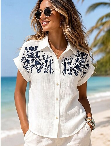  Chemise brodée pour femme, tunique à rayures, imprimé floral ombré, style bohème, vacances tropicales, manches courtes, coupe classique, décontractée, pour le bureau, blanche, été, printemps