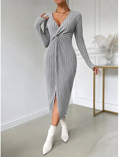  Damen Midikleid Strickkleid Elegant Klassisch Täglich Urlaub Schlank Einfach Langarm V Ausschnitt Grau Herbst Winter