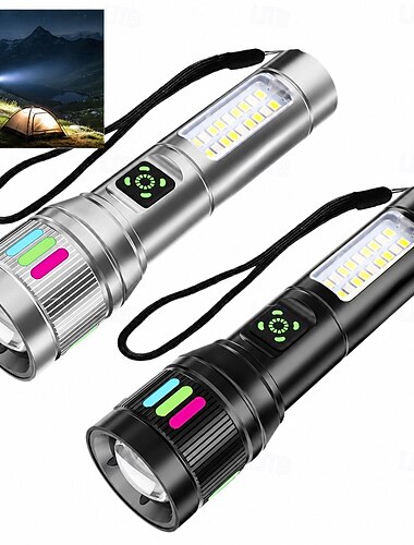 Lanterna a laser branca recarregável via USB, com zoom e luz lateral COB, feita em liga de alumínio, longa duração da bateria, lanterna portátil de 5,5 polegadas para camping, trilhas, ciclismo,