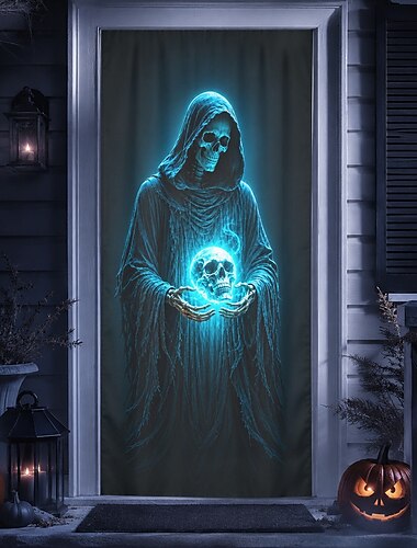  Cubierta de puerta de Halloween, calavera brillante, pancarta de la Parca, esqueleto azul, fantasma, fondo de puerta de entrada aterrador, porche, entrada, casa embrujada, decoración para fiestas