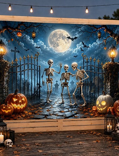  Halloween achtergrond dansend skelet kerkhof wandtapijt volle maan begraafplaats buitenachtergrond muurdecoratie voor terras tuin veranda hek spookhuis feest fotohokje decoratie