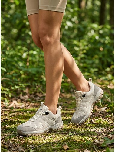  Women's Beige Fuax Suede Lace Up Hiking Shoes with Deep Lug Non Slip Outsole, Breathable Mesh Outdoor Trekking Sneakers for Forest Trail Walking, Camping & Autumn Mountain Travel