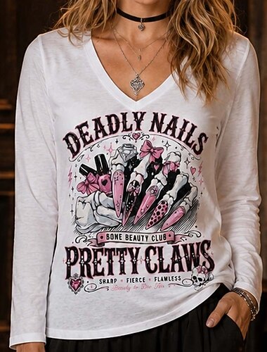  Halloween Chemise squelette Cadeau pour les amoureux de la beauté T-shirt graphique Club Skate Bone Prothésiste ongulaire Main squelette Gothique Rétro Vintage street style Manches longues Col en V