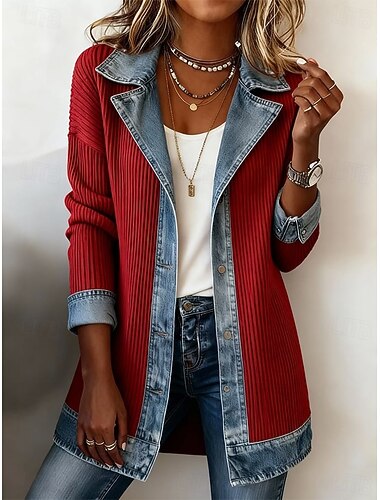  Damen Blazer Freizeitjacke Winddicht Warm Jacquard Vintage Mode Täglich Lässig Farbblock Lässig Regulär Steigendes Revers Normale Passform Langarm Oberbekleidung Weiß Schwarz Rote Frühling Herbst