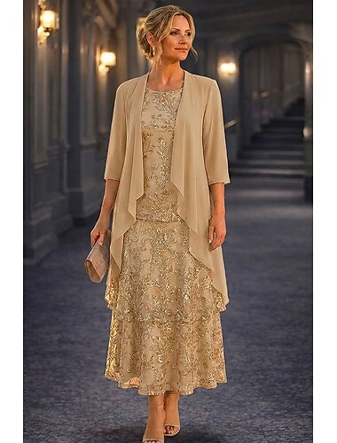  Todelt A-linje Ankellengde Te-lengde Kjole til brudens mor 3/4 ermer Halvlange ermer Øsehals Elegant Enkel Luksuriøs Formell Bryllupsgjest Chiffon Blonder Jakke kjoler med Perlearbeid Paljett Drapert