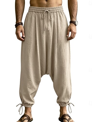  Herren Leinenhosen Hose Sommerhose Strandhose Haremshose Kordelzug Elastischer Bund Einfarbig Komfort Atmungsaktiv Knielang Täglich Outdoor Strand Urlaub Mode Weiß Khaki Unelastisch