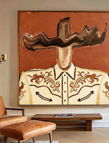  käsintehty öljymaalaus kankaalle seinäkoriste, suuri impasto-cowboy-maalaus, teksturoitu länsimainen kansantaide, akryyli kankaalle