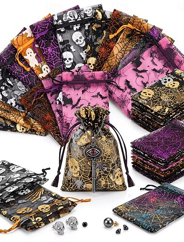  50 sacchetti regalo in organza per Halloween, sacchetti per caramelle con coulisse di vari colori con ragnatela, fantasma e teschio in lamina. &Sacchetti trasparenti con disegni di pipistrelli per