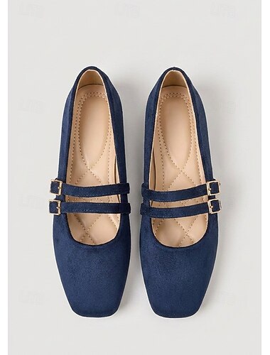  Dames Mary Jane ballerina's - marineblauwe suède schoenen met dubbele gespband, geschikt voor dagelijks gebruik en kantoor.