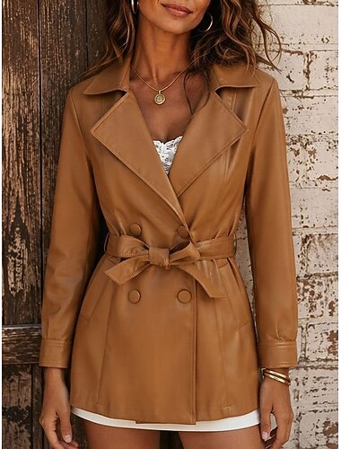  Dames trenchcoat van imitatieleer in bruin met ceintuur, revers en pofmouwen, perfect voor een casual streetwear look.