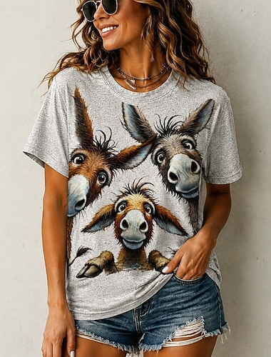  Dames T-shirt Kleurenblok Afdrukken Grafisch dier Abstract Vintage Stijlvol Klassiek Korte mouw Strakke ronde hals Normale tops Casual Dagelijks Zwart Paars Grijs Zomer Lente